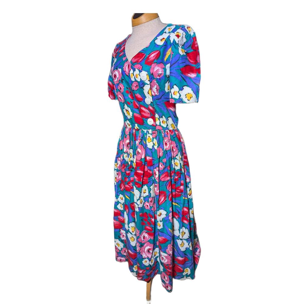 Vtg 1980s S.L. Fashions Turquoise Red Floral Print Short Sleeve Midi Dress Sz 12